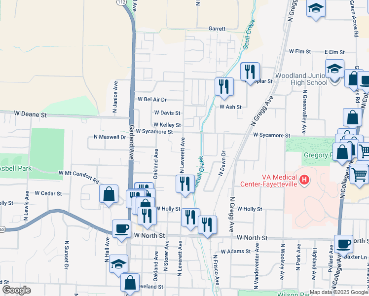 map of restaurants, bars, coffee shops, grocery stores, and more near 1606 North Leverett Avenue in Fayetteville