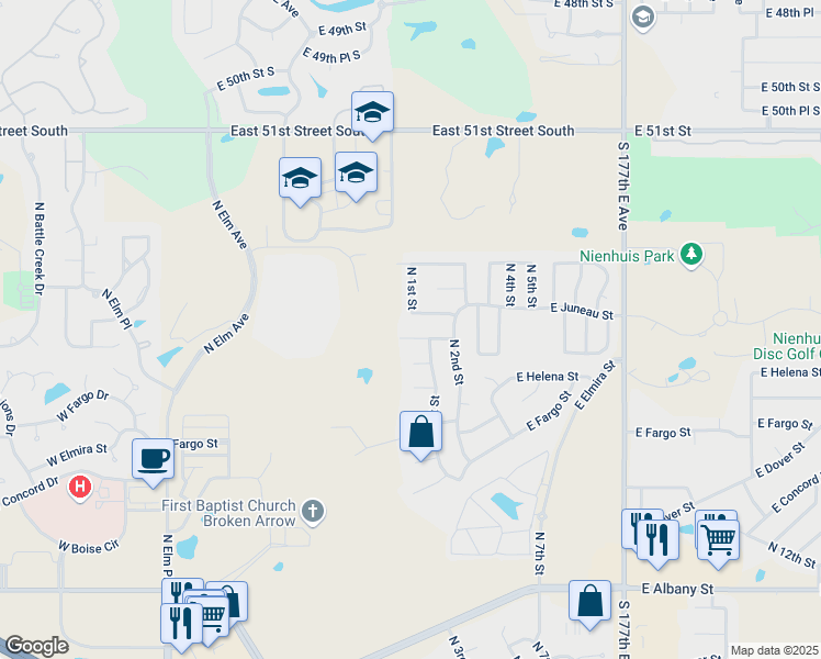 map of restaurants, bars, coffee shops, grocery stores, and more near 3300 North 1st Street in Broken Arrow