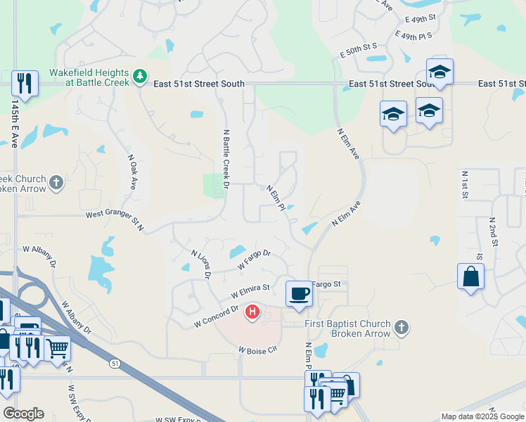 map of restaurants, bars, coffee shops, grocery stores, and more near 3016 North Hickory Avenue in Broken Arrow