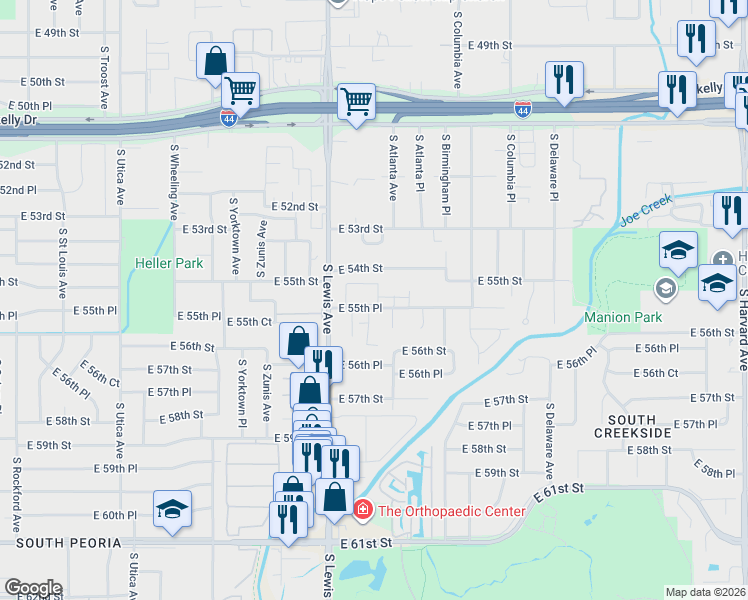 map of restaurants, bars, coffee shops, grocery stores, and more near 2407 East 55th Place in Tulsa