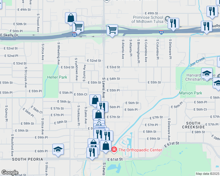 map of restaurants, bars, coffee shops, grocery stores, and more near 2407 East 55th Place in Tulsa