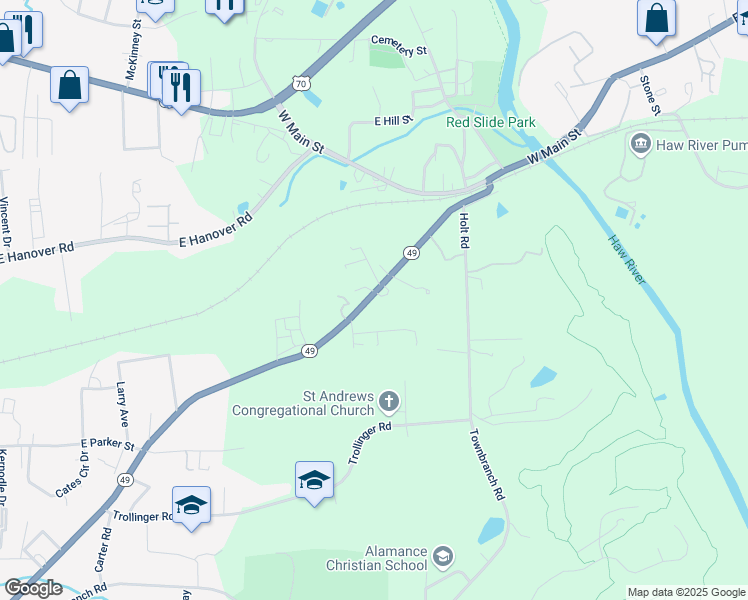map of restaurants, bars, coffee shops, grocery stores, and more near 406 Graham Road in Graham