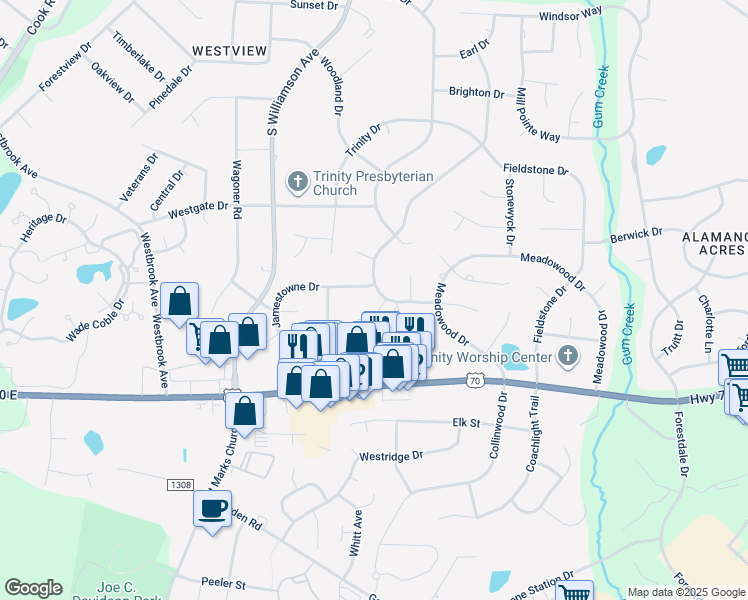 map of restaurants, bars, coffee shops, grocery stores, and more near 1013 Georgetowne Drive in Elon