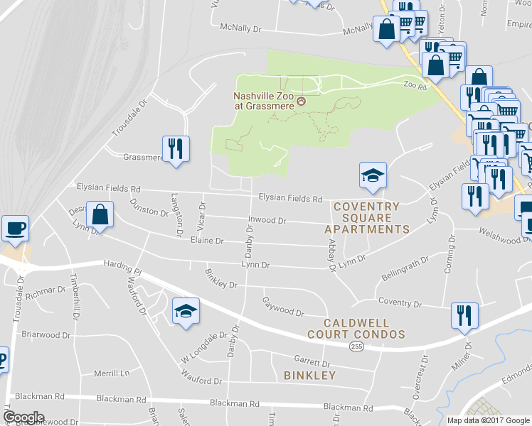 map of restaurants, bars, coffee shops, grocery stores, and more near 526 Inwood Drive in Nashville