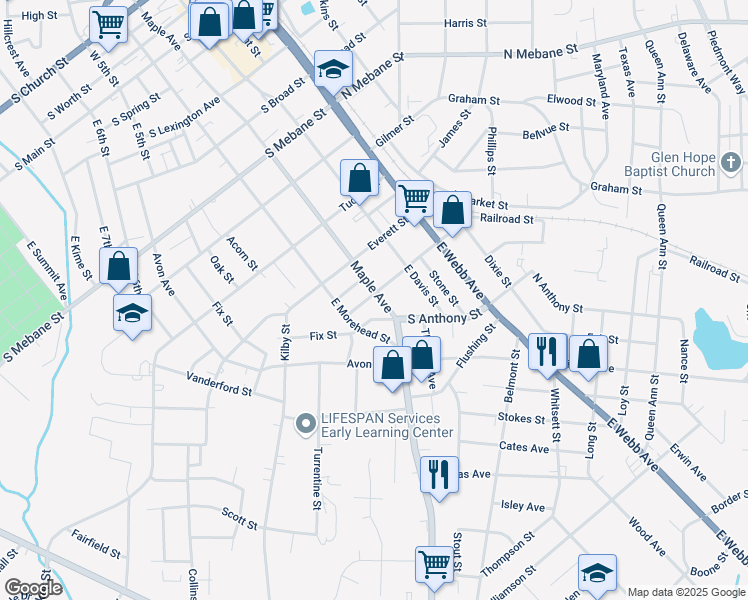 map of restaurants, bars, coffee shops, grocery stores, and more near 424 South Flanner Street in Burlington