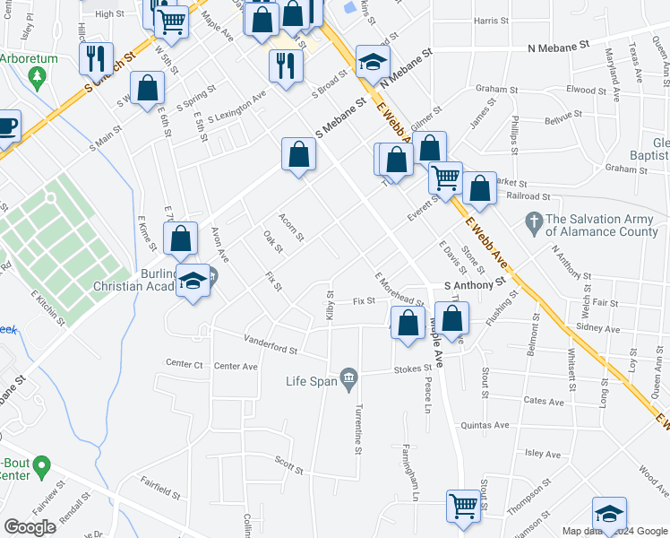 map of restaurants, bars, coffee shops, grocery stores, and more near 619 Everett Street in Burlington