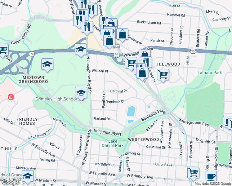 map of restaurants, bars, coffee shops, grocery stores, and more near 1401 Cardinal Place in Greensboro