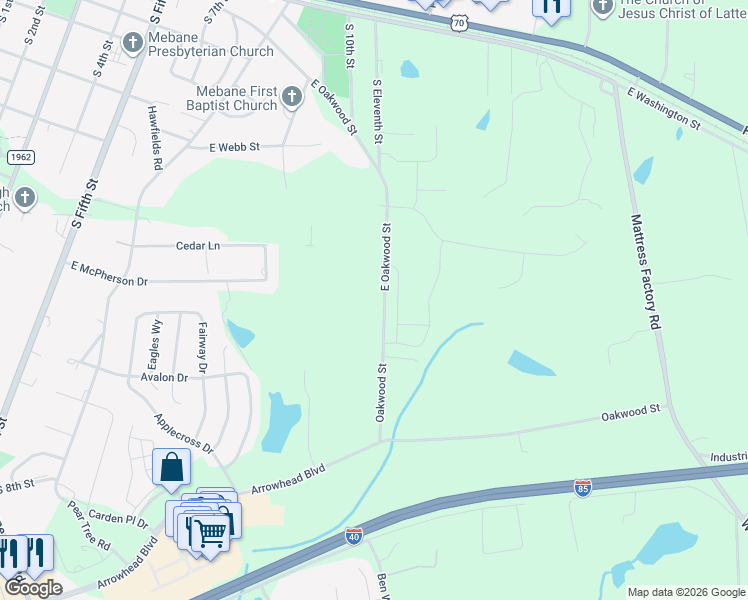 map of restaurants, bars, coffee shops, grocery stores, and more near 906 East Oakwood Street in Mebane