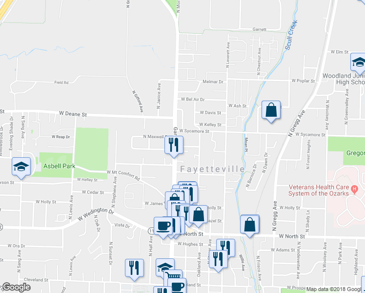 map of restaurants, bars, coffee shops, grocery stores, and more near 1027 West Hickory Street in Fayetteville