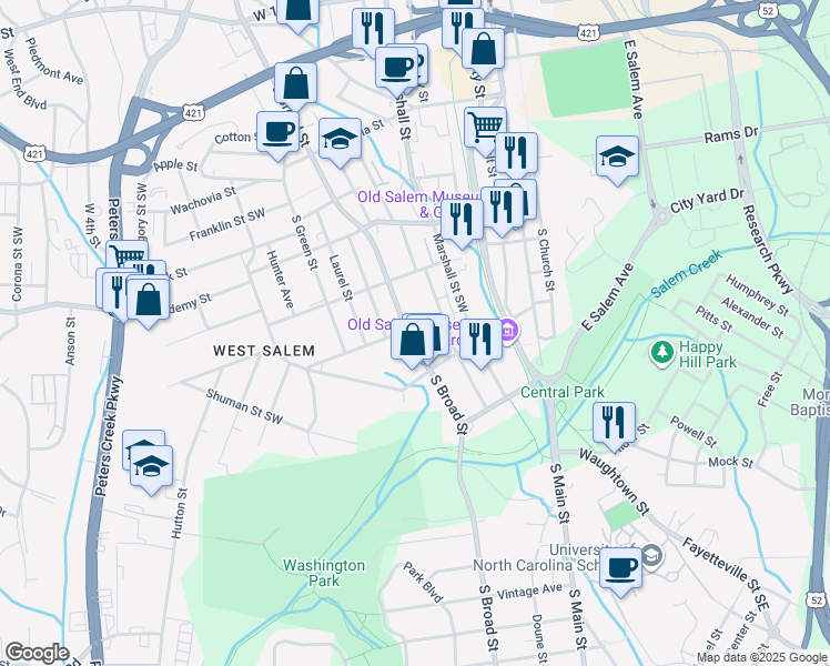 map of restaurants, bars, coffee shops, grocery stores, and more near 514 Washington Avenue Southwest in Winston-Salem