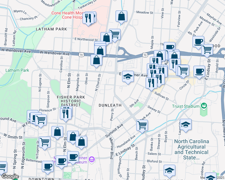 map of restaurants, bars, coffee shops, grocery stores, and more near 1005 Yanceyville Street in Greensboro
