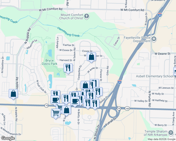 map of restaurants, bars, coffee shops, grocery stores, and more near 3179 West Woodfield Way in Fayetteville