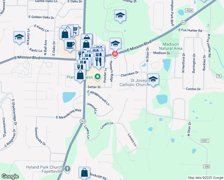 map of restaurants, bars, coffee shops, grocery stores, and more near 3067 Setter Street in Fayetteville