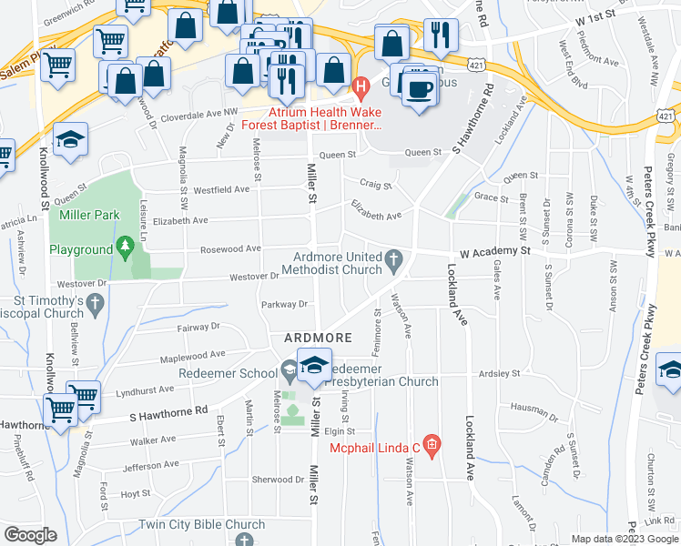 map of restaurants, bars, coffee shops, grocery stores, and more near 639 Irving Street in Winston-Salem