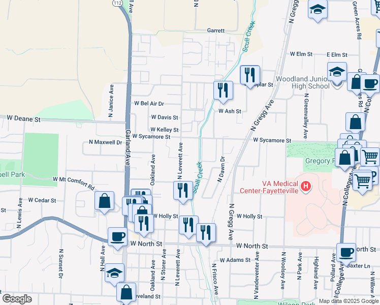 map of restaurants, bars, coffee shops, grocery stores, and more near 1606 North Leverett Avenue in Fayetteville