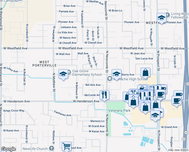 map of restaurants, bars, coffee shops, grocery stores, and more near 1691 West Mulberry Avenue in Porterville
