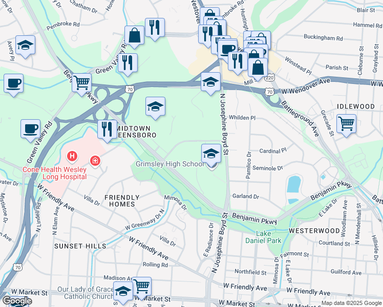 map of restaurants, bars, coffee shops, grocery stores, and more near 801 Westover Terrace in Greensboro