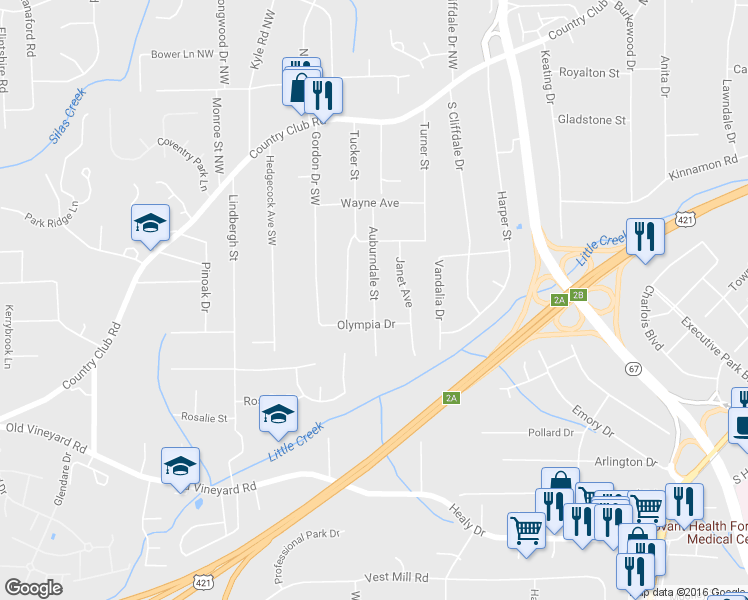 map of restaurants, bars, coffee shops, grocery stores, and more near 318 Auburndale Street in Winston-Salem