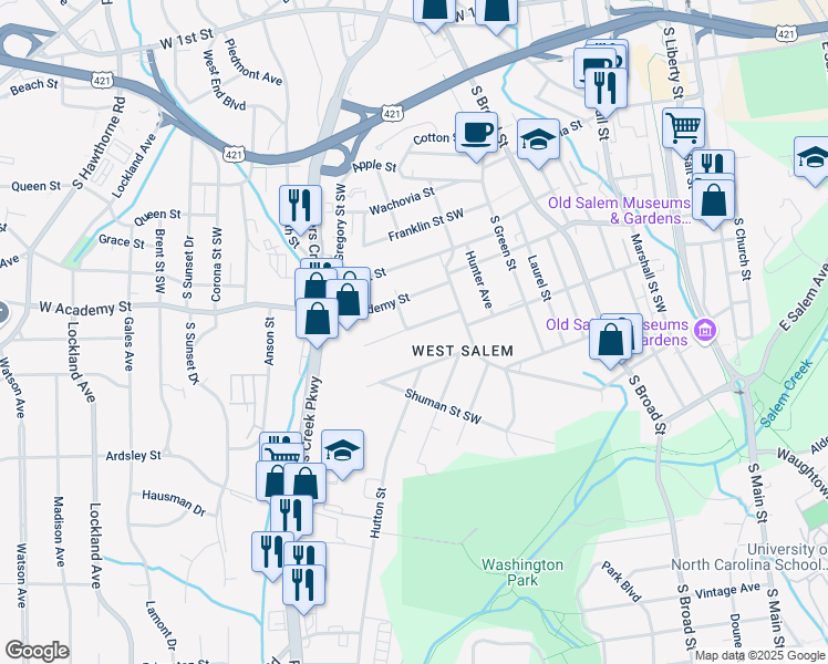 map of restaurants, bars, coffee shops, grocery stores, and more near 1040 Crestwood Drive Southwest in Winston-Salem