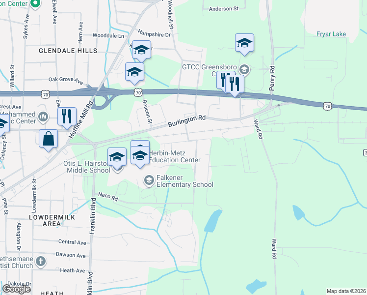 map of restaurants, bars, coffee shops, grocery stores, and more near 4218 Maybrook Dr in Greensboro