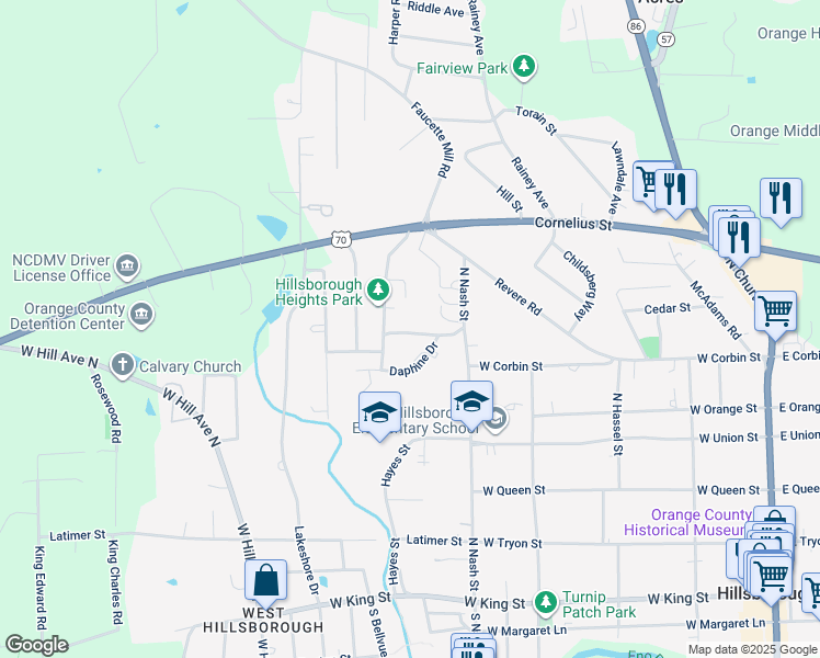 map of restaurants, bars, coffee shops, grocery stores, and more near 527 Alma Avenue in Hillsborough