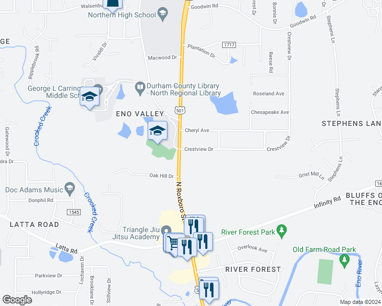 map of restaurants, bars, coffee shops, grocery stores, and more near 108 Crestview Drive in Durham