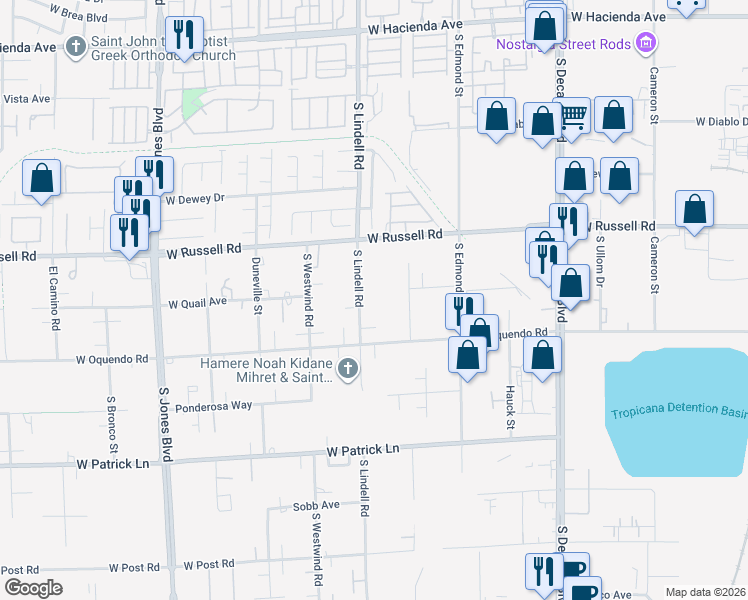 map of restaurants, bars, coffee shops, grocery stores, and more near 5815 South Lindell Road in Las Vegas