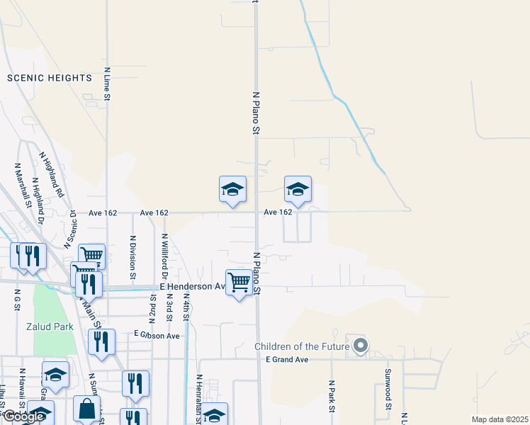 map of restaurants, bars, coffee shops, grocery stores, and more near 1090 North Plano Street in Porterville