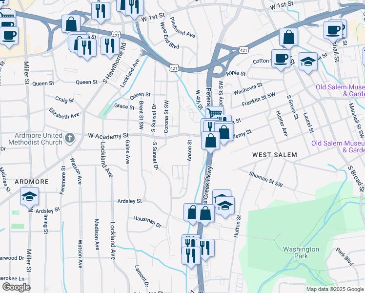map of restaurants, bars, coffee shops, grocery stores, and more near 1400 West Academy Street in Winston-Salem
