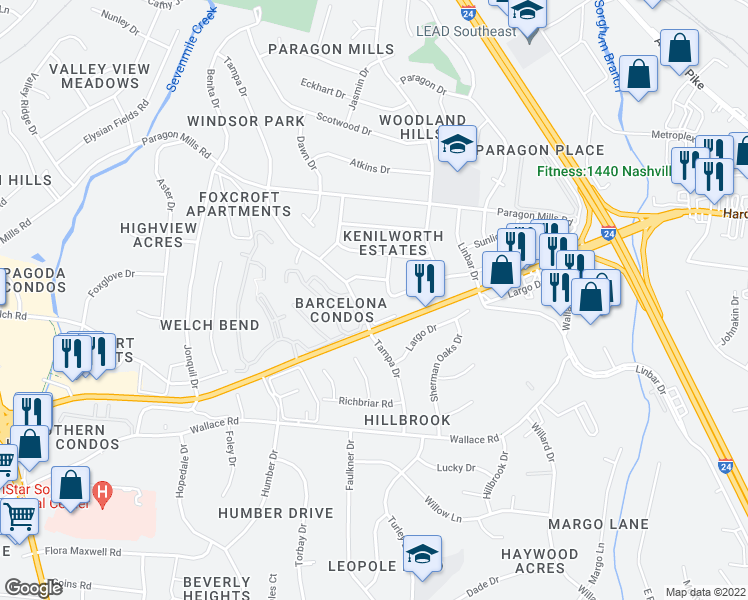 map of restaurants, bars, coffee shops, grocery stores, and more near 203 Spartan Drive in Nashville