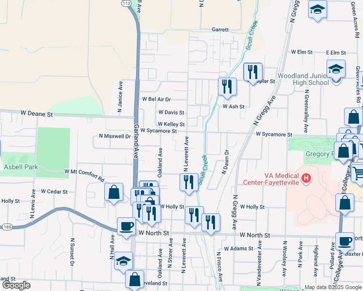 map of restaurants, bars, coffee shops, grocery stores, and more near 1603 North Leverett Avenue in Fayetteville