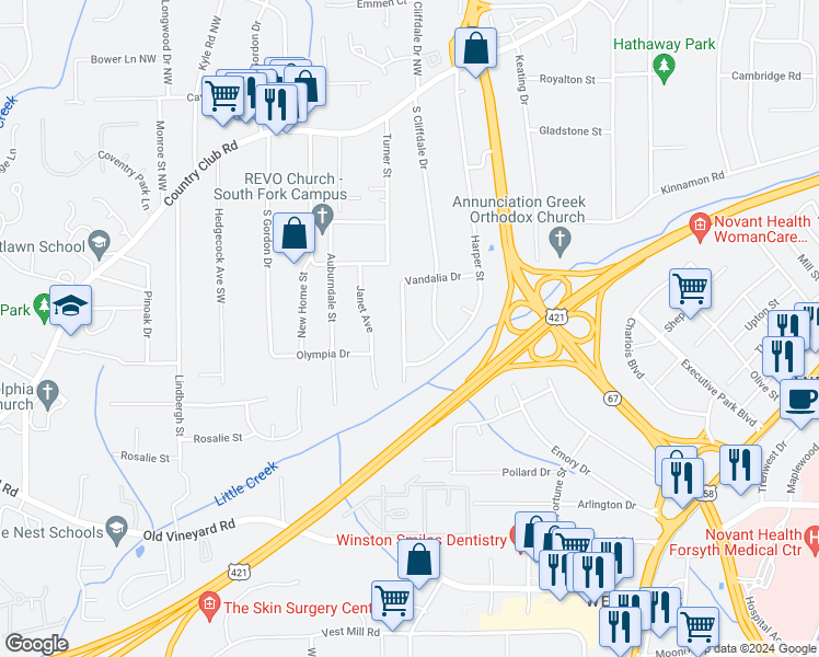 map of restaurants, bars, coffee shops, grocery stores, and more near 3752 Vandalia Drive in Winston-Salem