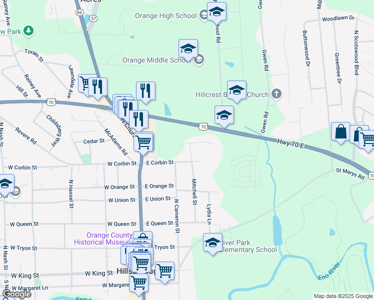map of restaurants, bars, coffee shops, grocery stores, and more near 515 Mitchell Street in Hillsborough