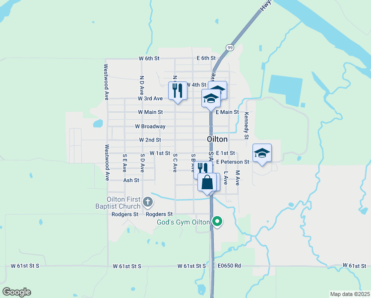 map of restaurants, bars, coffee shops, grocery stores, and more near 106 West 1st Street in Drumright