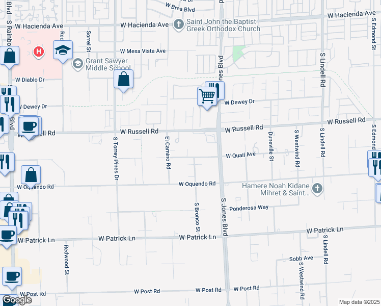 map of restaurants, bars, coffee shops, grocery stores, and more near 6210 West Quail Avenue in Las Vegas
