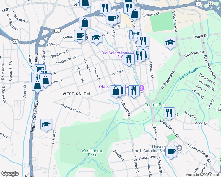 map of restaurants, bars, coffee shops, grocery stores, and more near 611 Washington Avenue Southwest in Winston-Salem