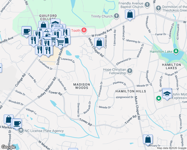 map of restaurants, bars, coffee shops, grocery stores, and more near 719 Beckwith Drive in Greensboro