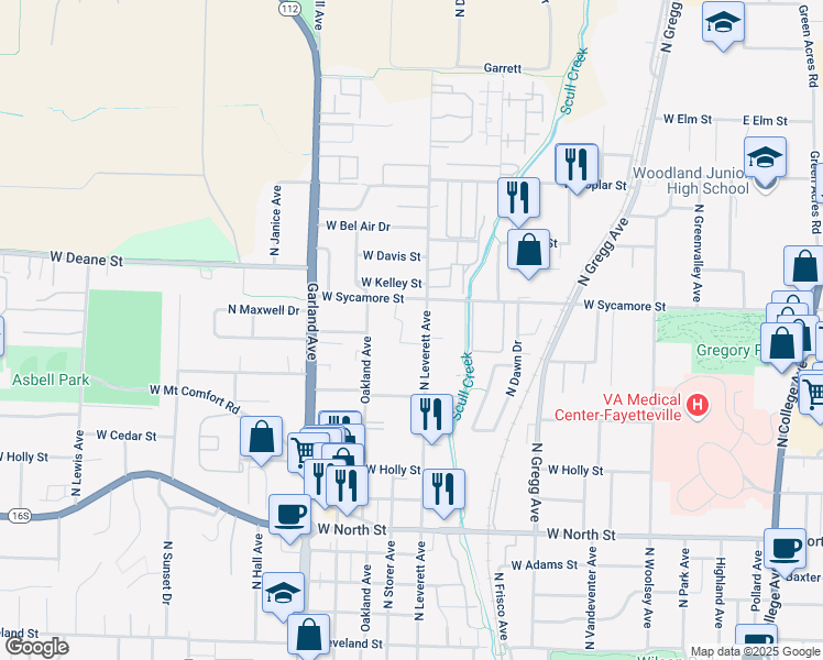 map of restaurants, bars, coffee shops, grocery stores, and more near 1603 North Leverett Avenue in Fayetteville