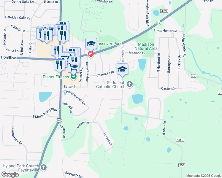 map of restaurants, bars, coffee shops, grocery stores, and more near 3524 North Whippoorwill Court in Fayetteville