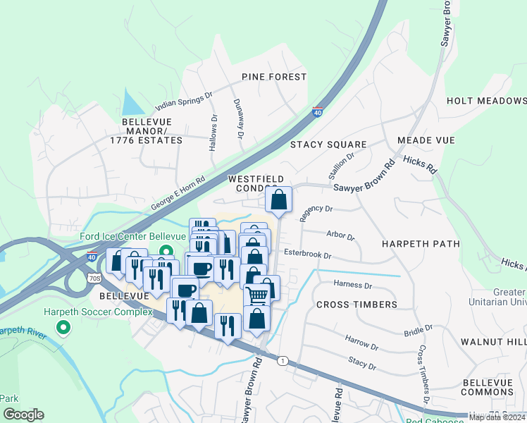 map of restaurants, bars, coffee shops, grocery stores, and more near 237 Westfield Drive in Nashville