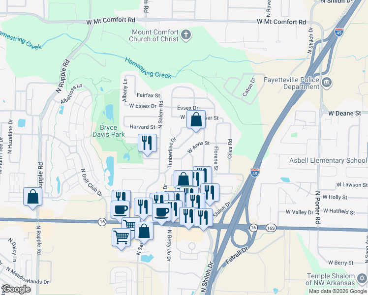 map of restaurants, bars, coffee shops, grocery stores, and more near 3179 West Woodfield Way in Fayetteville