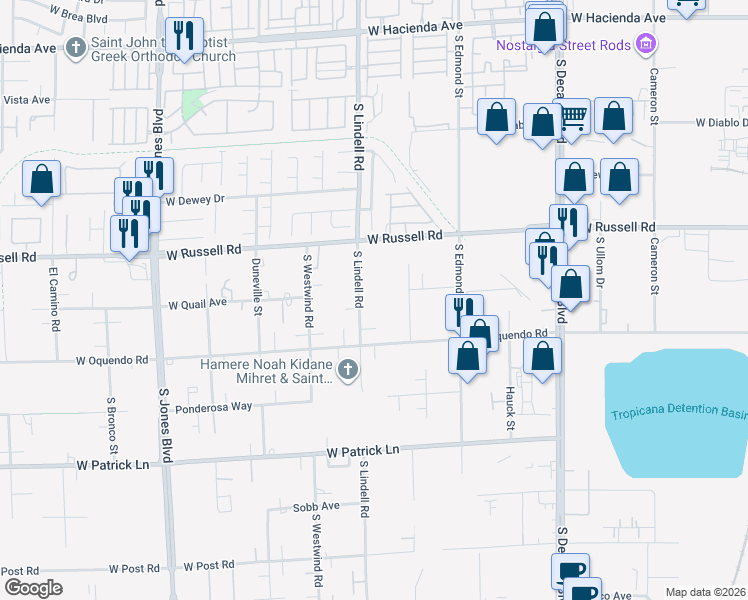 map of restaurants, bars, coffee shops, grocery stores, and more near 5815 South Lindell Road in Las Vegas