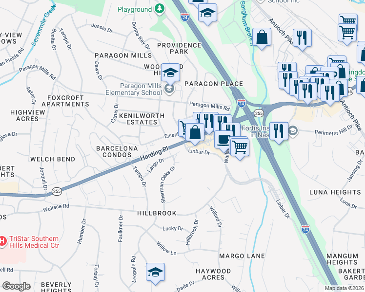 map of restaurants, bars, coffee shops, grocery stores, and more near 4901 Linbar Drive in Nashville