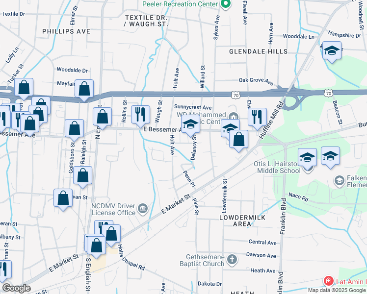 map of restaurants, bars, coffee shops, grocery stores, and more near 3504 Alton Street in Greensboro