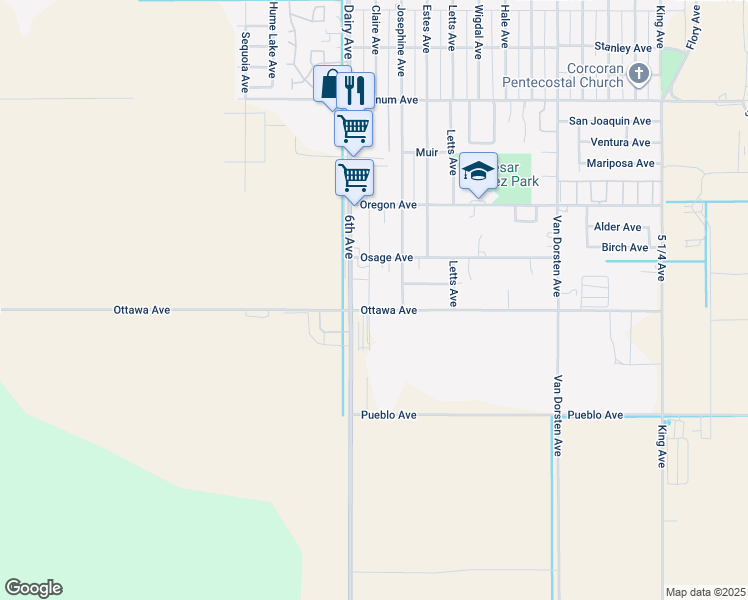 map of restaurants, bars, coffee shops, grocery stores, and more near 1816 Ottawa Avenue in Corcoran