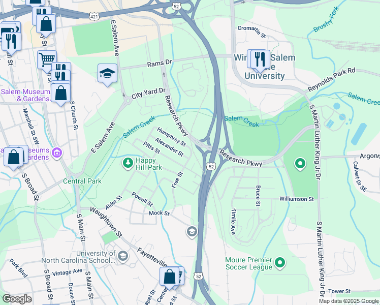 map of restaurants, bars, coffee shops, grocery stores, and more near Free Street in Winston-Salem