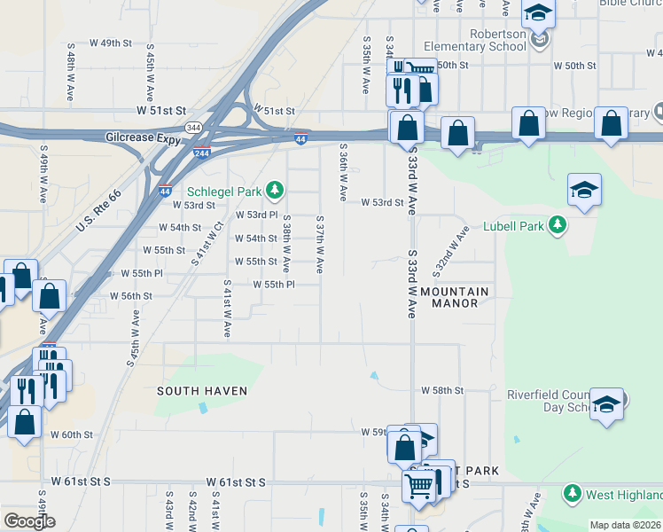 map of restaurants, bars, coffee shops, grocery stores, and more near 5372 South 36th West Avenue in Tulsa