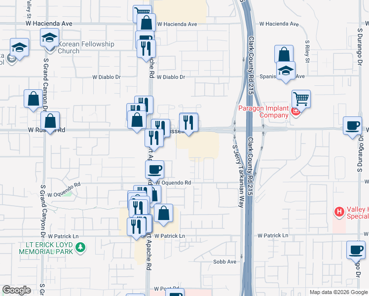 map of restaurants, bars, coffee shops, grocery stores, and more near 9265 West Russell Road in Las Vegas