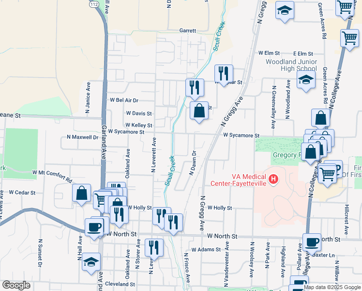 map of restaurants, bars, coffee shops, grocery stores, and more near 701 West Sycamore Street in Fayetteville