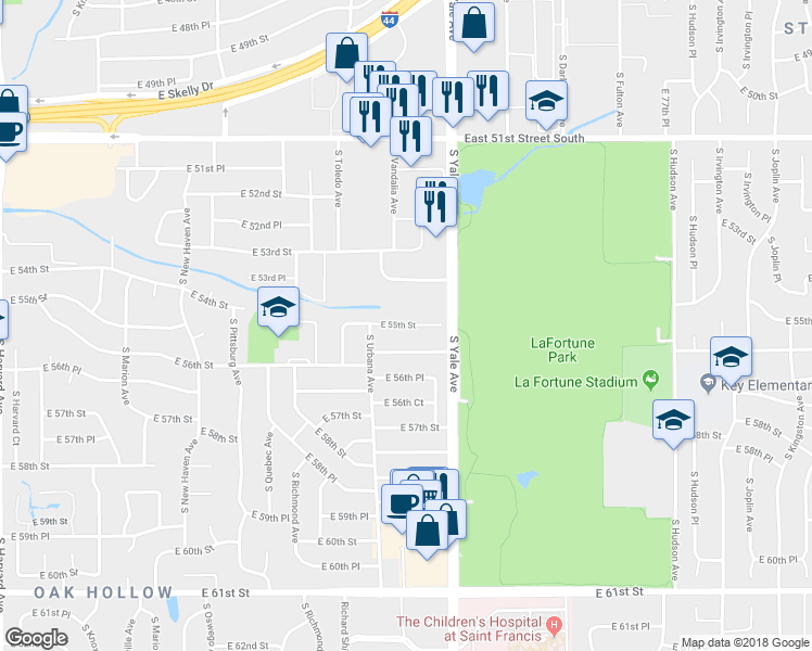 map of restaurants, bars, coffee shops, grocery stores, and more near 4641 East 55th Street in Tulsa